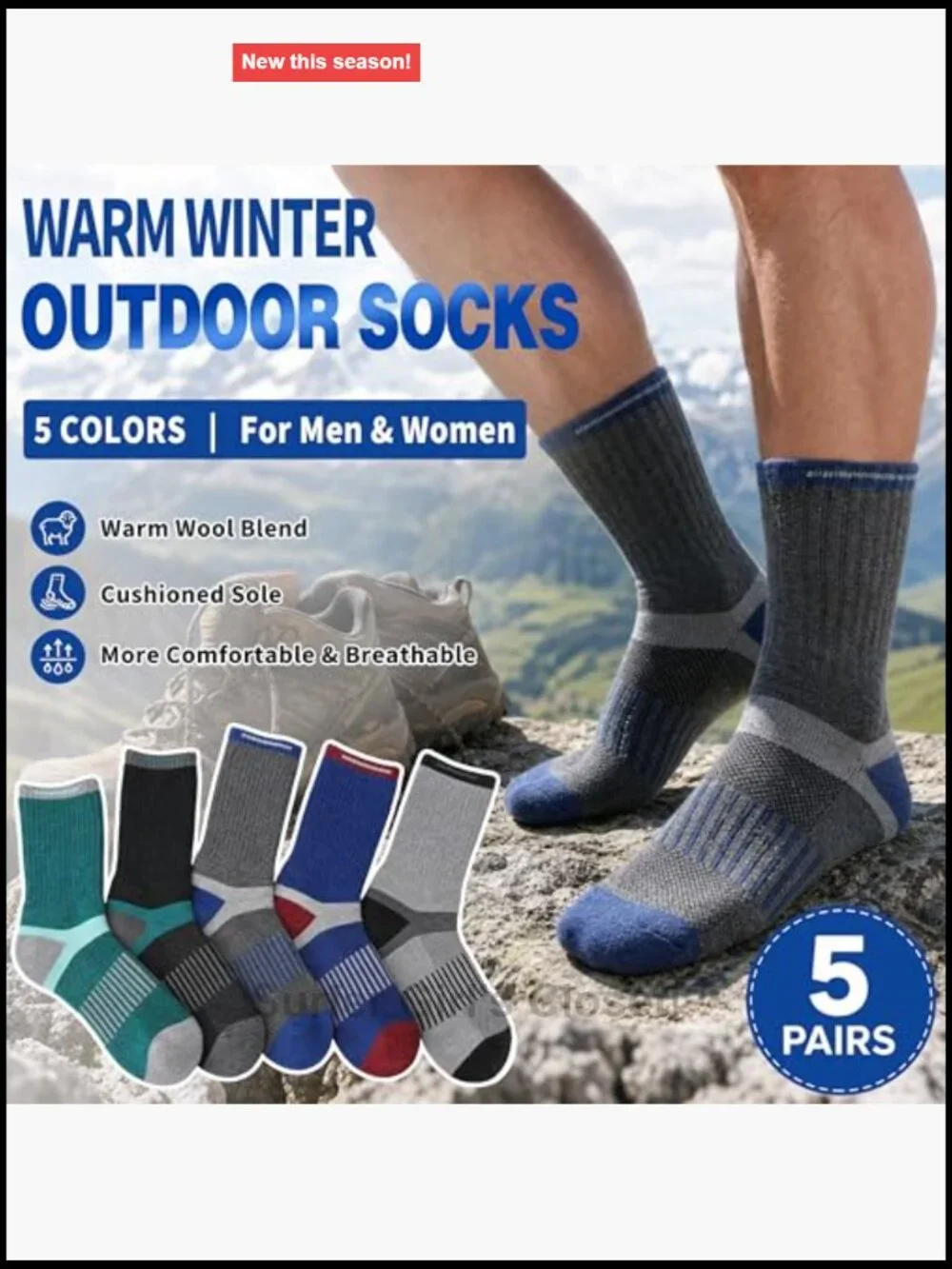 5 Pairs Merino Wool Hiking Socks Warm Thermal Cushioned Moisture Wicking